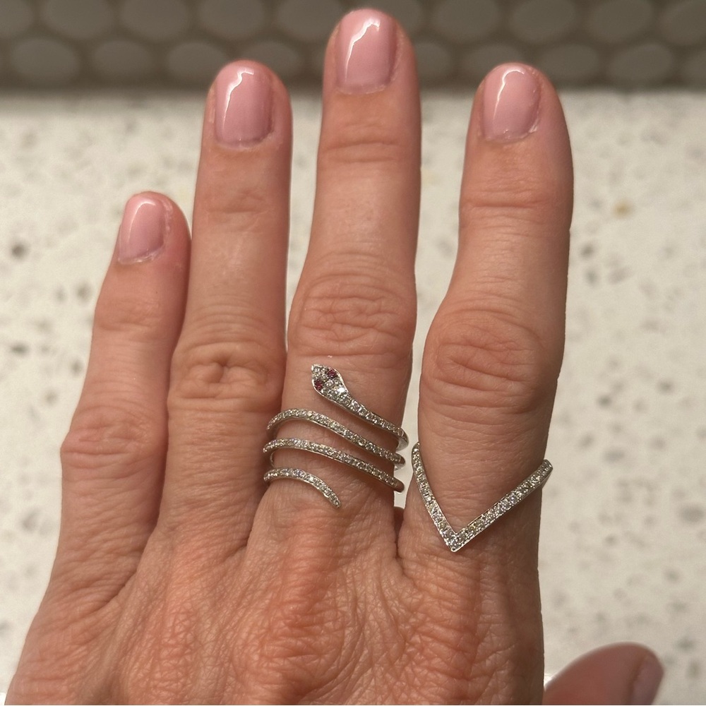 Anne Sisteron snake 14k white gold, .33 carats natural diamonds, .02 ruby size 6